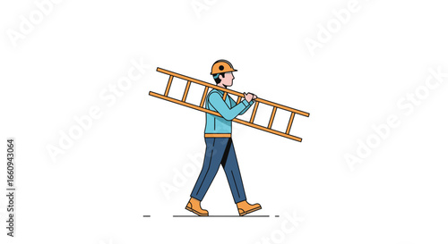 Illustration of a professional construction worker wearing safety helmet and blue uniform carrying a wooden ladder on a white background, representing building, construction, and safety practices for