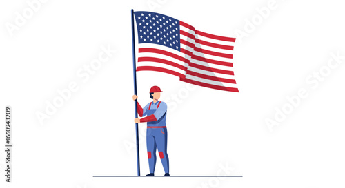Patriotic American Flag Bearer Holding Large USA Flag Standing Proud in Red, White, and Blue for National Pride and Independence Day Celebrations, Military Events, or Patriotic Campaigns