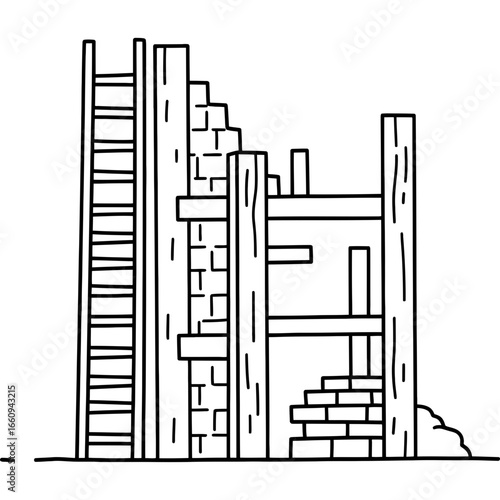 Minimalist line illustration of an unfinished or dilapidated building, showcasing construction elements like bricks, timber, and a ladder, representing urban decay or progress.