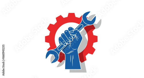 Powerful Mechanical Repair Logo with Gear and Hand Holding Wrench Symbolizing Engineering, Maintenance, Technology, and Innovation for Industrial or Technical Branding