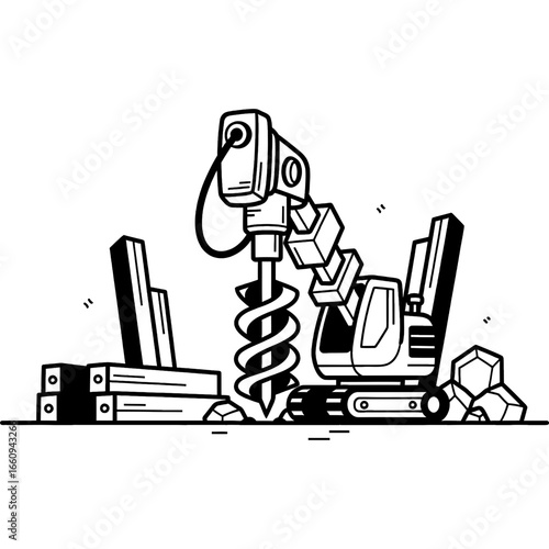 Line art illustration of a compact auger drilling machine for construction and foundation work, vector icon
