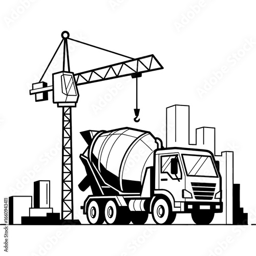 Urban construction site with heavy machinery, a concrete mixer truck, and a tower crane against a city skyline background in a graphic illustration style.