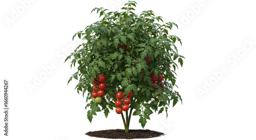Lush tomato plant with ripe red tomatoes growing abundantly in a garden setting isolated on white background