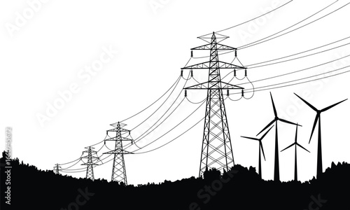 High voltage power lines and wind turbines on hills, electricity transmission, clean energy concept, industrial landscape, black silhouette vector