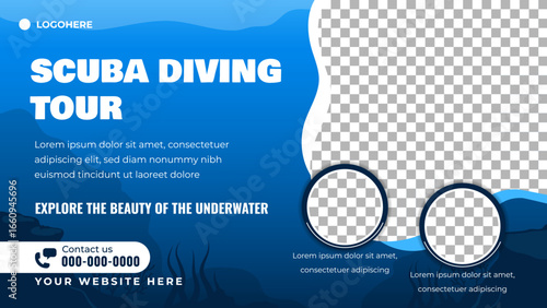 Scuba diving tour service promotional banner template. Perfect for tourism agencies, holiday promotions, diving clubs, beach vacation ads, and water sport activities.