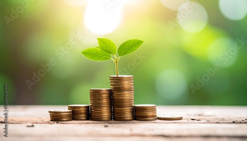 Green sprout growing from stack of gold coins symbolizing financial growth and investment.