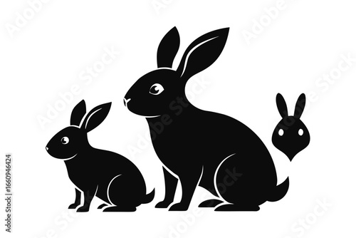 Three black silhouette rabbits on a white background