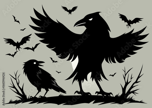 Two crows and bats in a spooky halloween scene
