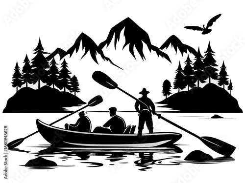 Silhouetted kayakers paddle through scenic mountain lake landscape