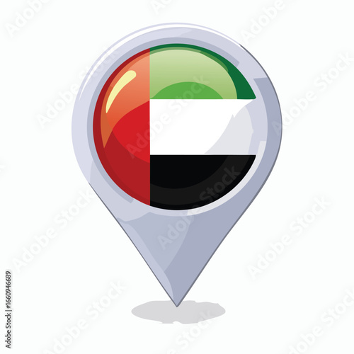 A glossy, detailed pin icon featuring the United Arab Emirates flag, representing location.