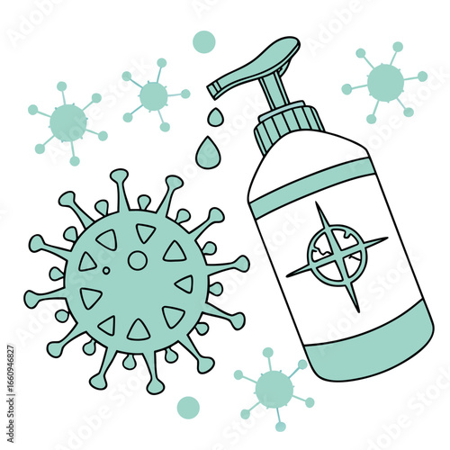Hand sanitizer bottle dispensing liquid onto a stylized coronavirus germ illustration