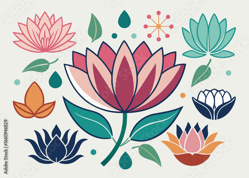 Vibrant lotus flower collection with botanical accents