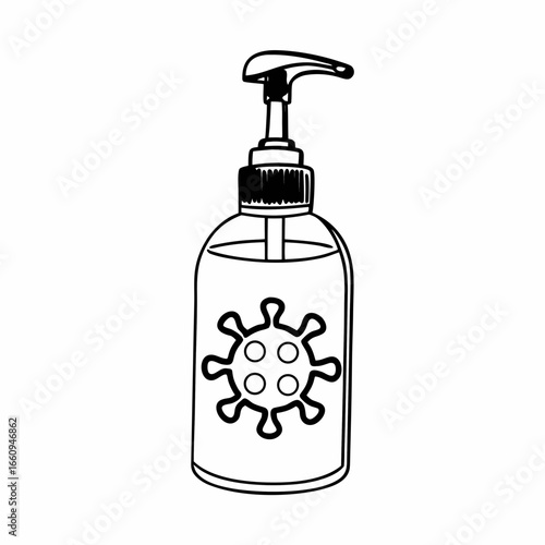 Hand sanitizer bottle with a stylized virus symbol on a white background representing hygiene and protection