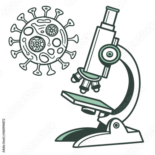 Microscope examining a virus illustration in a simple line art style with green accents