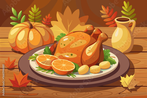Festive thanksgiving feast with roasted turkey and autumn decorations