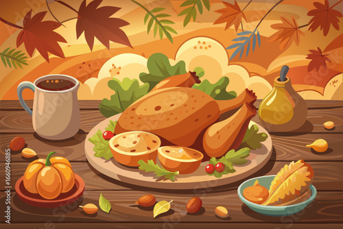 A festive thanksgiving dinner spread with roasted turkey and autumn decorations