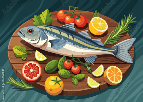 Fresh fish and vegetables platter with citrus and herbs