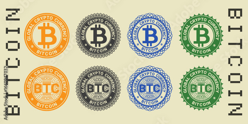 Vector set of fictional color seals of global cryptocurrency bitcoin. Icons, stickers or badges. Symbol and micro chip