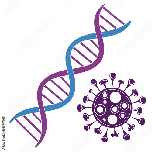 Stylized representation of a dna double helix alongside a simplified depiction of a coronavirus particle