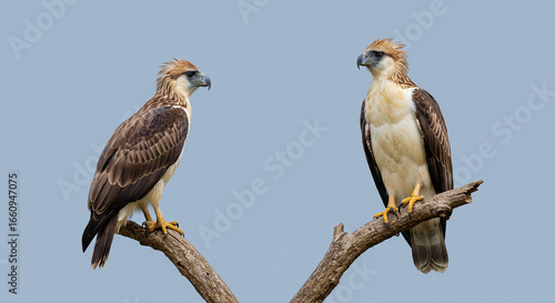 Philippine eagle perched on a tree branch with visible claws, isolated on white background. Generative AI