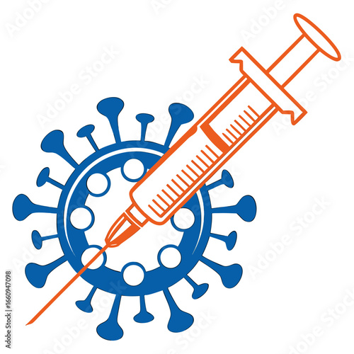 Syringe piercing a stylized virus symbol representing vaccination against infectious diseases