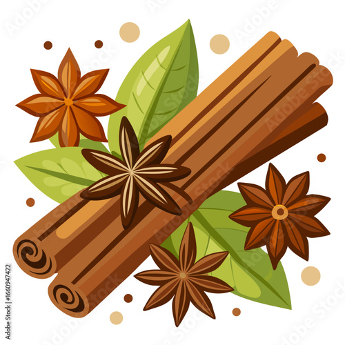 Cinnamon sticks and star anise with green leaves and dots