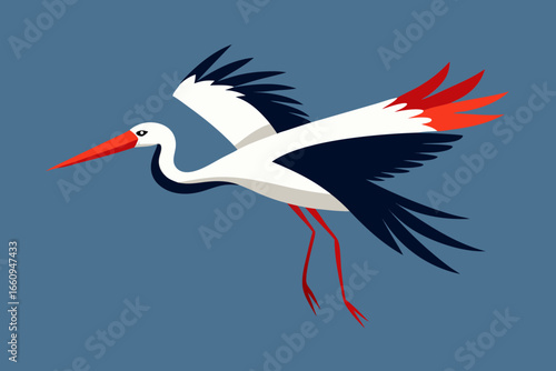 Stylized white stork in flight with red accents