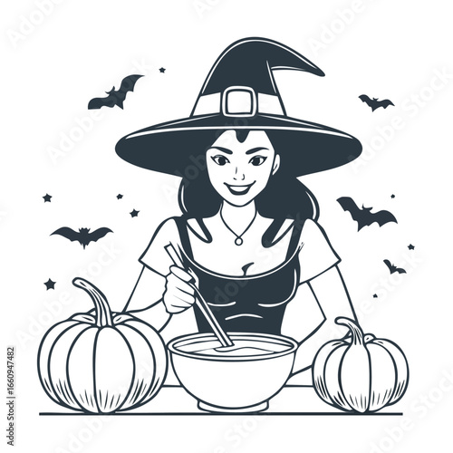 A smiling witch stirring a potion in a bowl, surrounded by pumpkins and bats, preparing for Halloween.