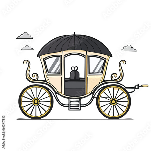 Illustration of a classic horse-drawn carriage with a black roof and ornate details.