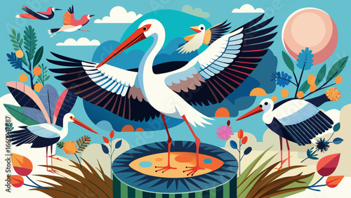 Whimsical storks and birds in a vibrant natural landscape