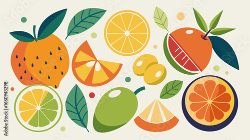 Vibrant assortment of citrus fruits and leaves in flat design