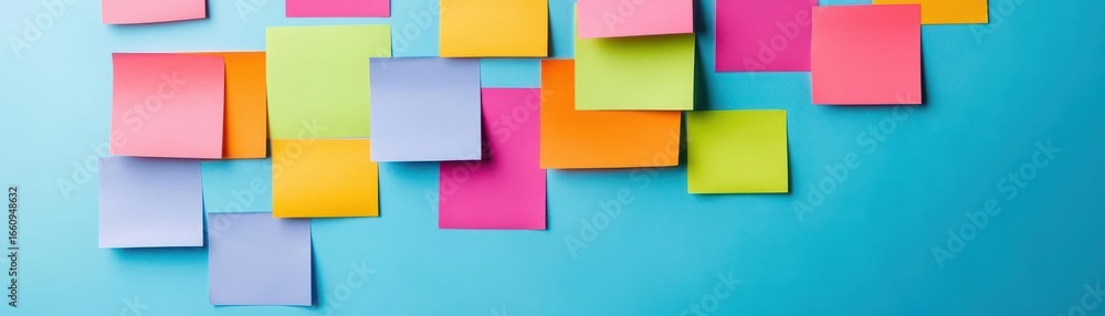 Colorful sticky notes scattered on a vibrant blue background creating a lively and creative workspace with various pastel shades and overlapping arrangements Colorful sticky notes scattered on a vibrant blue background creating a lively and creative workspace with various pastel shades and overlapping arrangements
