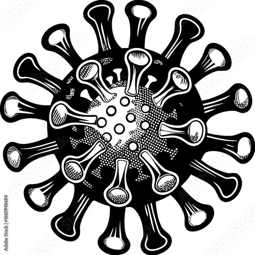 Stylized black and white illustration of a coronavirus particle with prominent spike proteins