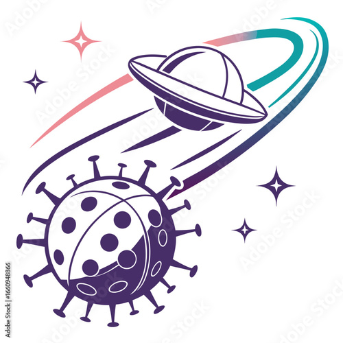 Ufo spaceship chasing a coronavirus cell through the stars in a stylized cosmic scene