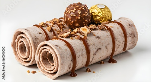 Chocolate Hazelnut Rolled Ice Cream Product Shot with Toppings and Sauce on White Background