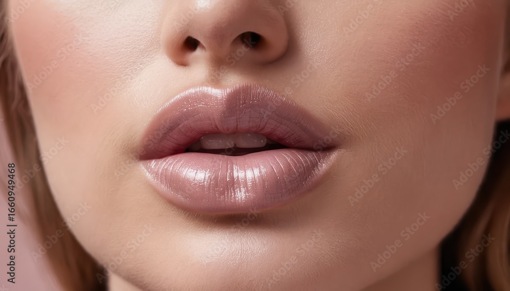 Obraz premium Close up of a woman's face showcasing glossy lips and soft skin with a gentle pink background hue