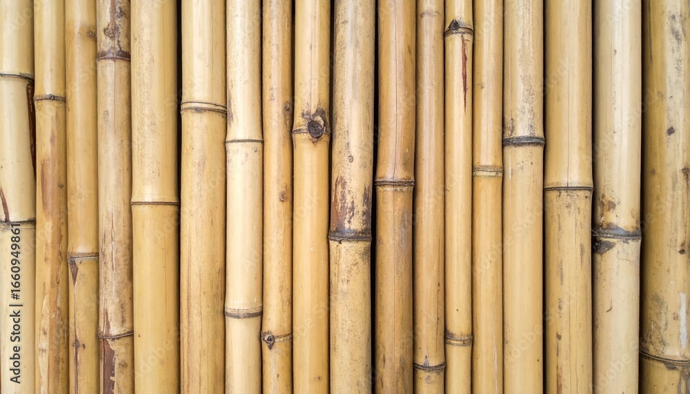 Fototapeta premium Close-up of bamboo stalks showing detailed texture, natural color variations, and vertical arrangement, highlighting eco-friendly natural building material design