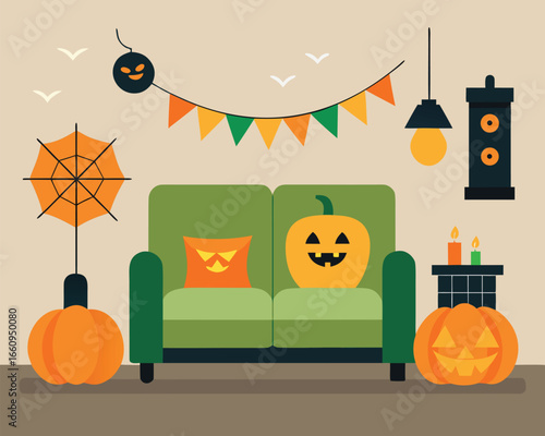 Cozy halloween living room scene with festive decorations and warm ambiance