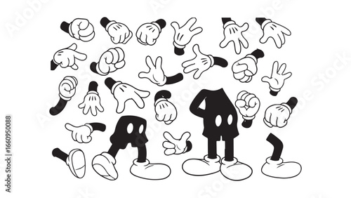 Hand drawn retro cartoon hand and feet illustration, Cartoon footprints vector illustration