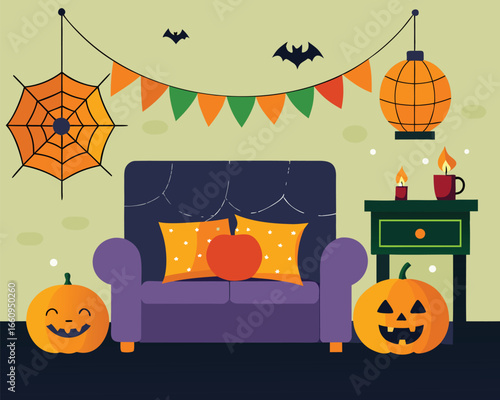Cozy halloween living room scene with festive decorations and warm ambiance