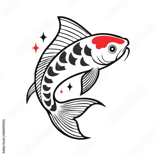 Elegant illustration of a koi fish with detailed scales and red accents, swimming upwards.