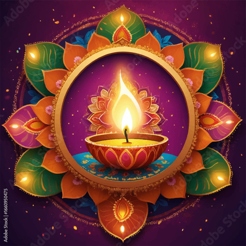 Glowing Diya Lamp on Rangoli Pattern – Realistic Diwali Festival Background