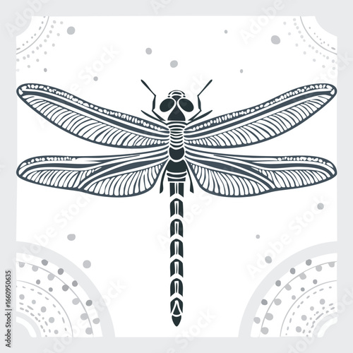 Black and white illustration of a dragonfly with intricate wing patterns and detailed body structure.