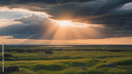 Sun rays pierce through the clouds over a green field, creating a dramatic and serene landscape at sunset with a beautiful horizon