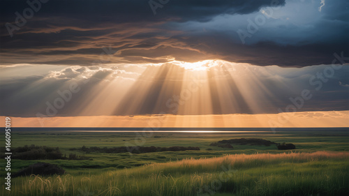 Fototapeta Naklejka Na Ścianę i Meble -  Golden sun rays pierce through dramatic storm clouds over a serene field, creating a breathtaking display of natural light and beauty