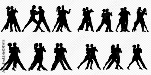 A set of fourteen black silhouettes of couples performing various passionate and elegant tango dance moves.