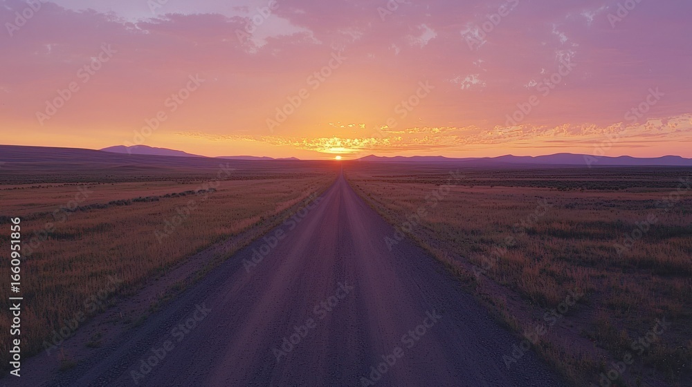 Fototapeta premium A long, straight gravel road stretches into the distance, leading towards a vibrant sunset. The sky is filled with shades of pink, orange, and purple, creating a dramatic and beautiful horizon. 