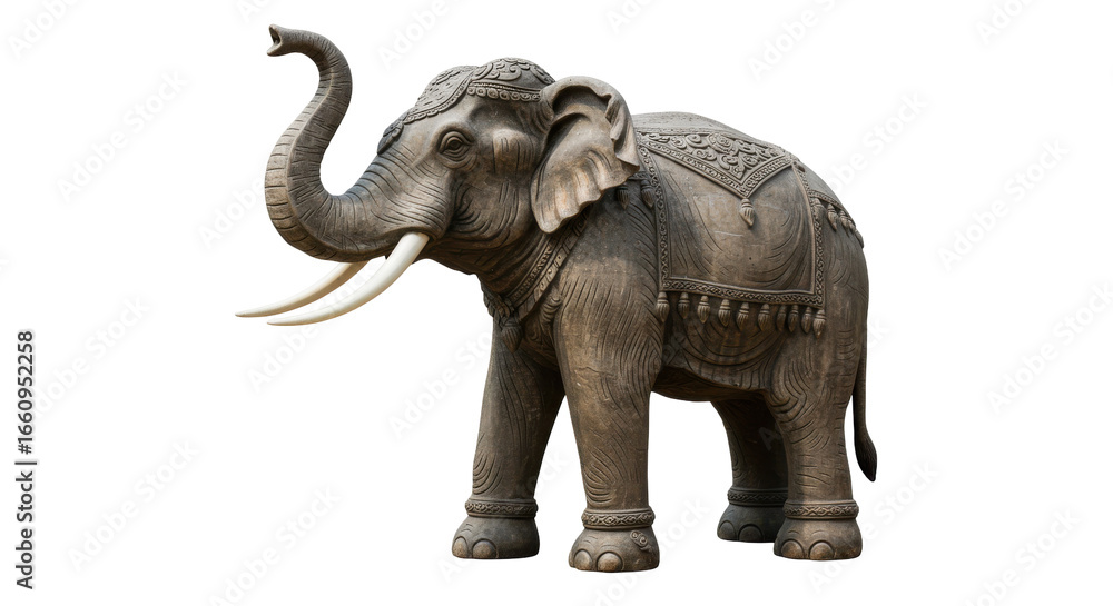 Fototapeta premium Majestic elephant statue standing proudly with intricate carvings in a serene garden isolated on white background