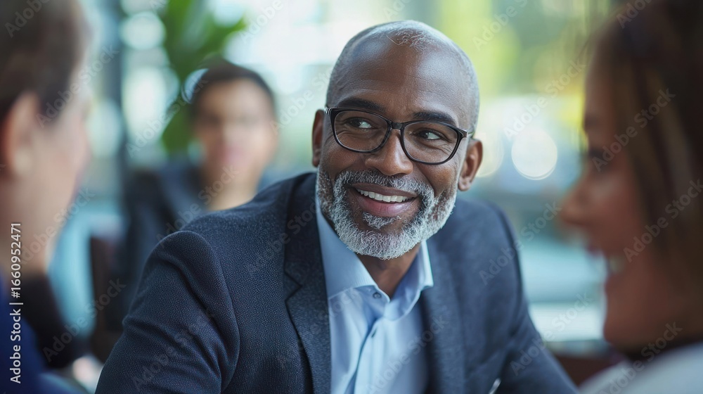 Fototapeta premium A smiling, mature Black man in a dark suit is engaged in a conversation with a group of colleagues in a modern, brightly lit restaurant. He is wearing glasses and a neatly trimmed gray beard.