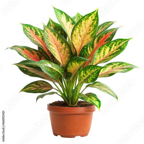 Aglaonema Plant in Pot on Transparent Background with Colorful Leaves